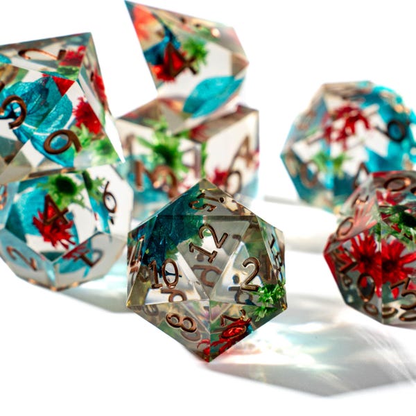 Flower Field DnD-dobbelstenenset, prachtige Dungeons and Dragons-dobbelstenenset voor dnd-cadeaus, zwarte dobbelstenen, bloemen erin!