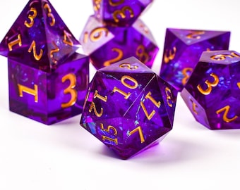 Violet DND Dice Set - 7 PCS Transparent Resin Polyhedral with Gold Numbers - Deep Purple RPG Dice - Premium Tabletop Gaming Collection