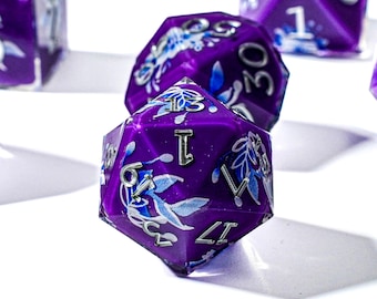 Handmade Purple Flower Dice Set:Floral Resin Sharp Edge DND Dice Set,Plant Dice,Dungeons and Dragons,RPG Dice,Dragon Style Polyhedral Dice