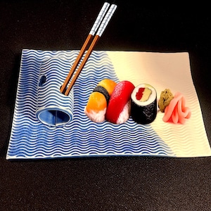 Studio Pottery Sushi Plate Ceramic w Integrated Chopstick Holder – Blue Wave, Signed