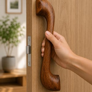 May include: A wooden door handle with a curved design, held by a hand. The handle is a rich brown color and appears to be made of solid wood. The door is light brown, and a silver latch is visible.