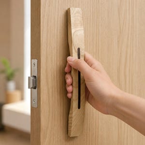 May include: A light-colored wooden door handle with a dark vertical inlay is mounted on a wooden door. The handle is rectangular with a curved design. A silver-colored door latch is also visible.