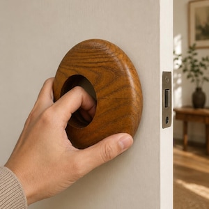 May include: A circular, medium-brown wooden door handle with a smooth, polished finish and a prominent natural wood grain pattern. The handle features a large, hollow center opening and is mounted onto a flat, off-white interior door surface.