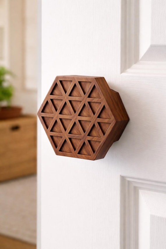 Geometrische geschnitzte Holz Türknauf | Handgefertigtes Teakholz, Palisander, Weißes Eschenholz