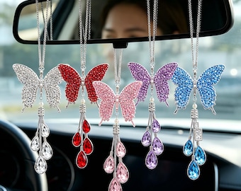 Crystal Car Charm for Women,Rhinestone Butterfly Rearview Mirror Hanger, Car Hanging Ornament, Birthday Gift for Her