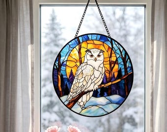 Cuadro decorativo de pared con coloridos búhos nivales en vidrieras, atrapasoles de mariposas para ventana, regalo ideal para inauguración de casa.