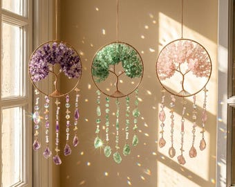Árvore da Vida - Cristal de Cura para Janela, Enfeite Artesanal de Ametista e Quartzo Rosa, Criador de Arco-Íris, Decoração Boho para Quarto com Pedras Preciosas de Cura