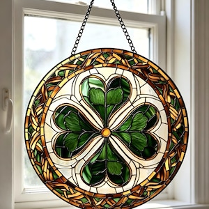 Four Leaf Clover Stained Glass Art Sun catcher, Window Suncatcher Wall Hanging Decor, Bohemian Home Decor Housewarming Gift