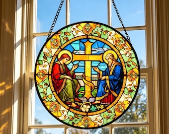 Stained Glass Christian Cross Suncatcher, Round Window Hanging Decor, Bohemian Glass Wall Art, Birthday Housewarming Gift for Friends