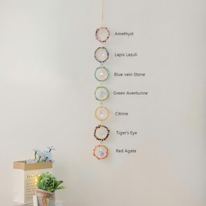 May include: A hanging decorative piece featuring seven circular frames, each adorned with different gemstones. The gemstones include amethyst, lapis lazuli, blue-vein stone, green aventurine, citrine, tiger's eye, and red agate. The text on the image lists the names of the gemstones.