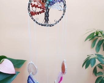 7 Chakra Crystal Tree of Life Suncatcher: Gemstone Agate Wind Chimes, Wall Hanging Decor