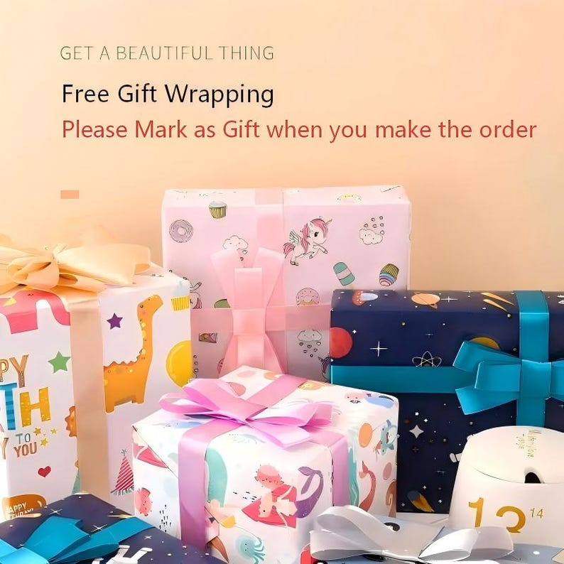 May include: Several wrapped gifts with colorful patterned paper and ribbons. Some gifts have a dinosaur, unicorn, and space-themed designs. The text "Free Gift Wrapping" is visible.
