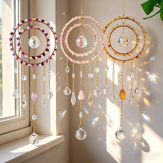 Amethyst Rose Quartz Crystal Suncatcher, Rainbow Maker Sun Catcher Window Hanging, Boho Home Decor, Spiritual Gift