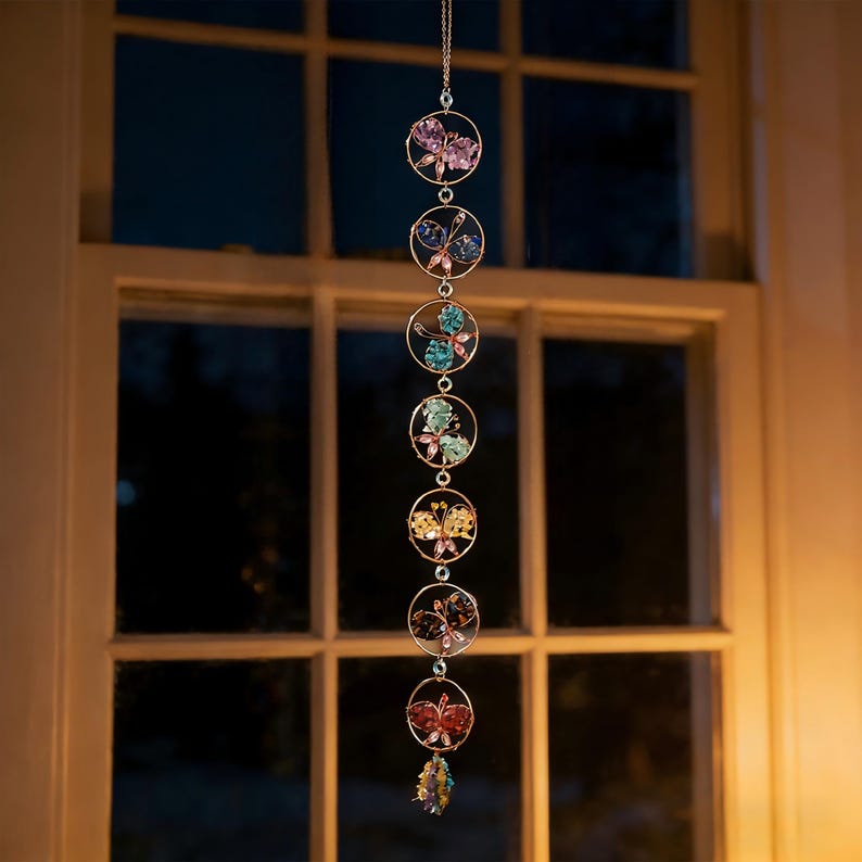 May include: A hanging decorative ornament featuring a series of circular frames, each containing a colorful butterfly design. The butterflies are made of various colored crystals, including purple, blue, green, yellow, and red. The ornament hangs from a silver chain.