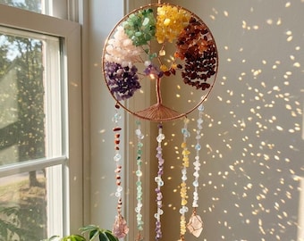 Attrape-soleil en cristal curatif Arbre de vie, suspension de fenêtre murale en pierres précieuses, décoration d'intérieur bohème fabricant d'arc-en-ciel