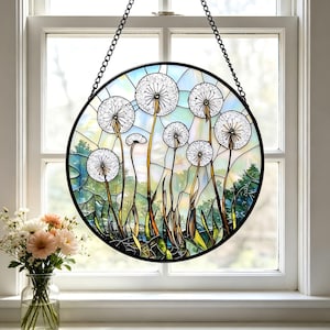 Maskrosmålning, målat glas, solfångare, boho fönsterdekoration, inflyttningspresent, trädgårdsdekoration