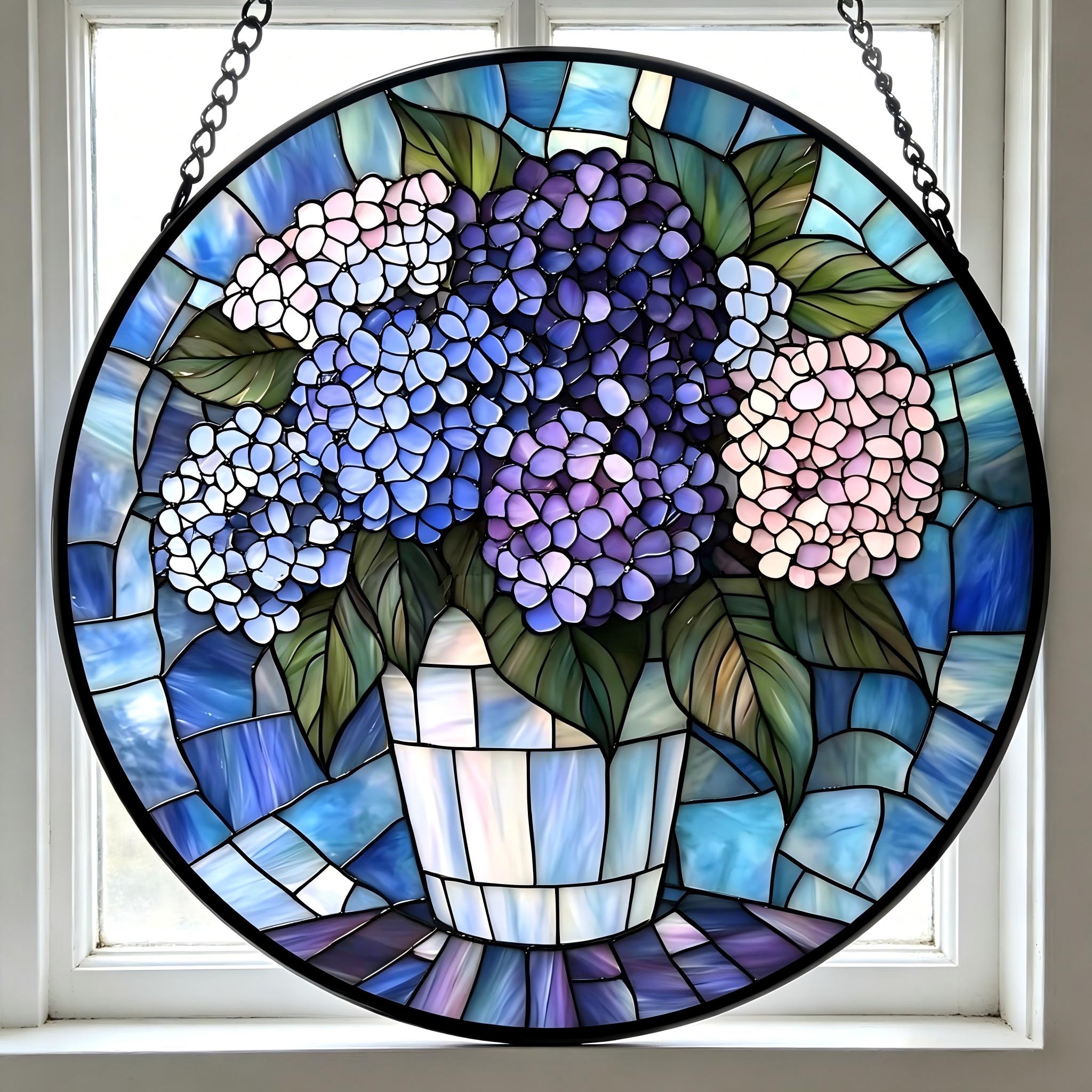 Hydrangea Stained Glass Suncatcher, Bohemian Art Glass Window Hanging Decor, New Home Housewarming Gift