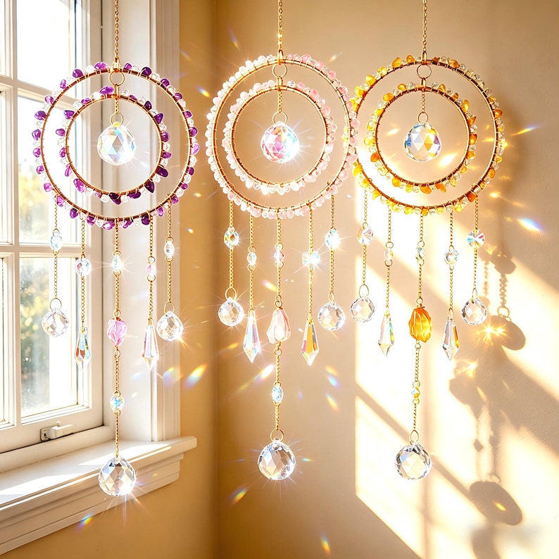 May include: Three hanging crystal suncatchers with gold-colored rings and chains. The rings are adorned with purple, pink, and yellow beads. Each suncatcher has a large crystal ball at the center and dangling crystal pendants.
