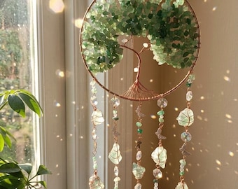 Tree of Life Healing Crystal Suncatcher, Gemstone Boho Wall Hanging, Rainbow Maker Window Hanging