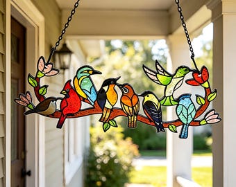8 vogels glas-in-lood suncatcher, kleurrijk takraam hangend, boho-decor