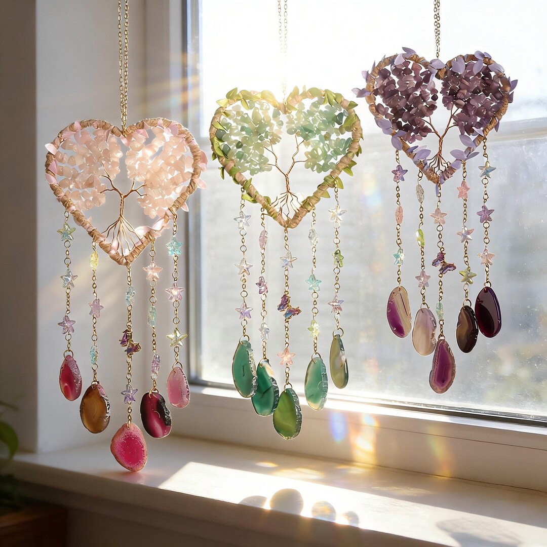 Heart Tree of Life Crystal Suncatcher, Gemstone Window Hanging ...