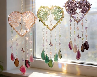 Tree of Life Crystal Suncatcher for Window, Amethyst Rose Quartz Gemstone Wall Hanging, Boho Home Decor, Spiritual Healing Gift for Her