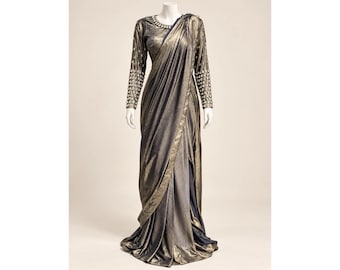 Vestido de noite drapeado metálico, vestido longo inspirado em sari com detalhes em strass, vestido formal cor grafite, tamanho personalizado