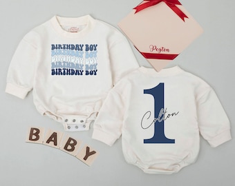 Personalized 1st Birthday Boy Baby Romper, Custom Boy Bodysuit, Blue Boy First Birthday Outfit, Cake Smash Outfit for Boy, One Year Old Gift