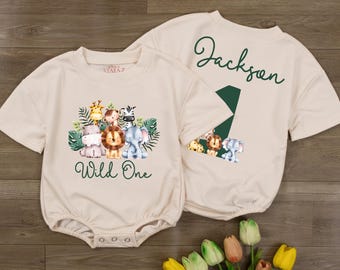 Personalized Wild One Safari Birthday Romper, Jungle Animals Baby Clothes, Safari Theme Cake Smash Outfit, 1st Birthday Bubble Romper