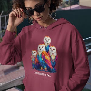 May include: Burgundy hoodie featuring a colorful graphic of five owls with vibrant blue, orange, and yellow feathers. The text "A Parliament of Owls" is printed below the owl illustration. The hoodie has a front pocket and a drawstring hood.