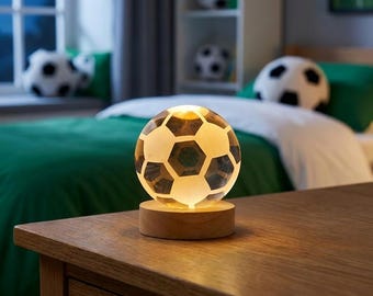 Lámpara de cristal con forma de balón de fútbol, luz nocturna de fútbol, lámpara de globo de cristal grabada en 3D, regalo de fútbol para niños, lámpara LED de bola de cristal para dormitorio