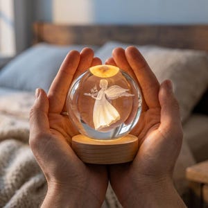 May include: A clear glass sphere with an etched angel design, resting on a wooden base. The angel holds a sprig and has outstretched wings. The sphere is illuminated from below, creating a soft glow.
