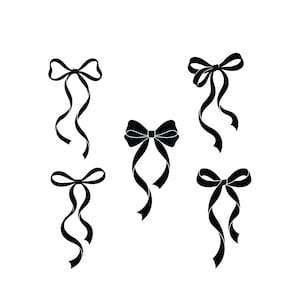 May include: A collection of five black bow illustrations with varying designs. Each bow features a looped knot and flowing ribbon tails, set against a white background. The bows are in a simple, elegant style, suitable for various design applications.