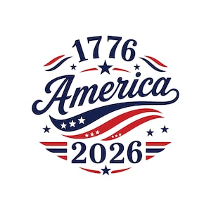 Pode incluir: Um design gráfico circular com o texto 1776 no topo e 2026 na parte inferior em azul escuro. A palavra America está escrita em letra cursiva no centro. Um motivo de bandeira ondulante estilizado em vermelho, branco e azul com estrelas.