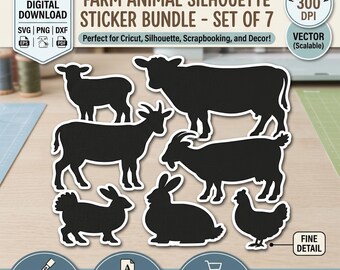 Farm Animal Silhouette SVG Bundle | Lamb, Steer, Goat, Turkey, Rabbit, Chicken Clipart (Digital Download)