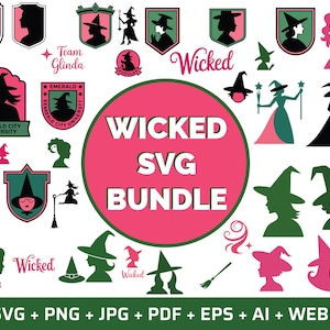 May include: A selection of witch-themed SVG graphics in pink, green, and black. The designs feature witch silhouettes, hats, shields, and the text "Wicked SVG Bundle". The image also includes the text "Emerald City University" and "Team Glinda".