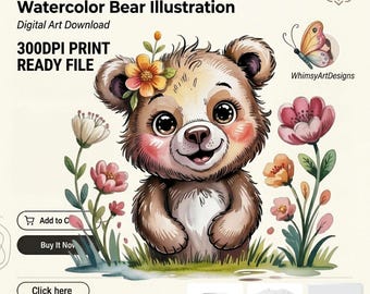 Cute Animal Clipart PNG | Watercolor Bear | Floral Woodland Animal Art | (Digital Download)