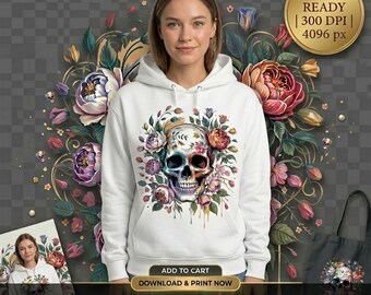 Gothic Floral Skull PNG Clipart | Dark Skull Design (Digital Download)