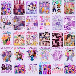 May include: A collection of colorful graphic designs featuring various characters and text. The designs include the words "MIRA", "HUNTR/X", "RUMI", "ZOEY", and "SAJA BOYS". The overall theme appears to be related to anime or cartoon characters.