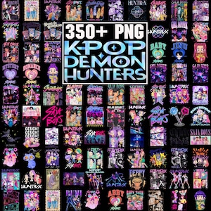May include: A collage of K-Pop-themed PNG graphics, displaying diverse designs with text such as "Saja Boys," "Huntrx," and "Demon Hunters." The image presents a range of colourful illustrations and text-based designs, ideal for digital art projects.