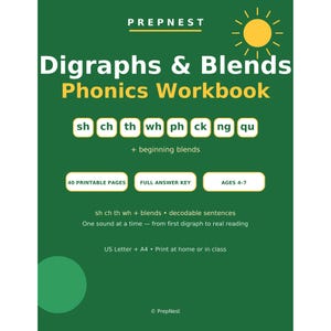 Digraphs & Blends Phonics Workbook Ages 4-7 | sh ch th wh ph ck ng qu Beginning Blends, Decodable Sentences and Answer Key | K 1st 2nd Grade