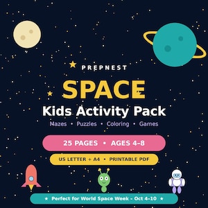 Pode incluir: Um pacote de atividades digitais com tema espacial intitulado PREPNEST SPACE Kids Activity Pack, contendo labirintos, quebra-cabeças, desenhos para colorir e jogos. Inclui 25 páginas para idades de 4 a 8 anos em PDF imprimível A4.