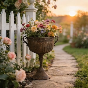May include: A bronze-colored, ornate urn filled with colorful flowers stands on a stone path next to a white picket fence. The flowers include roses, and other blooms in shades of pink, yellow, red, and purple. The background features a garden and a setting sun.