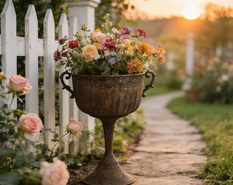 Rustic Iron Pedestal Planter, Farmhouse Urn with Distressed Finish for Porch, Garden, Entryway Decor