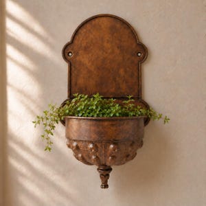 Distressed Bronze Iron Wall Mounted Planter, Vintage-Inspired Wall Pocket, French Country Decor