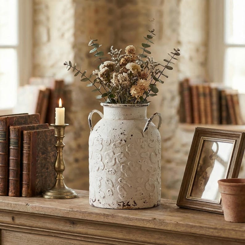 May include: A distressed white ceramic vase with a floral pattern and two handles, filled with dried flowers and greenery. A lit candle in a brass holder and a framed picture sit nearby, creating a rustic, vintage aesthetic.