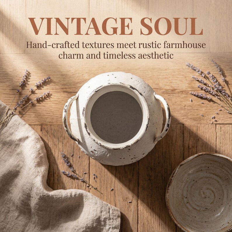 May include: A white, textured ceramic vase with two handles, set on a wooden surface. The image includes a small, matching bowl and sprigs of lavender. The text "VINTAGE SOUL" is at the top, with additional text below.