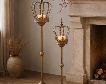 Vintage Crown Candle Holder, Rustic Iron Floor Candle Stand, Antique Gold Pedestal Candle Holder for Fireplace Entryway Decor