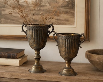 Vintage Iron Urn Vase Distressed Farmhouse Tabletop Floral Centerpiece Decor