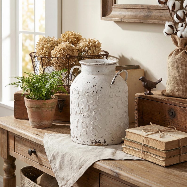 May include: A distressed white decorative vase with embossed floral patterns and two handles sits on a wooden table. A small potted fern, a wire basket with dried flowers, and a stack of vintage books are also on the table. The scene has a rustic, farmhouse aesthetic.